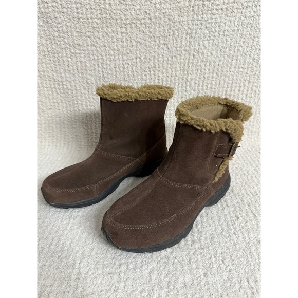 Easy Spirit Suede Ankle Boots Faux‎ Fur Trim Winter Warm Brown 6.5 - Picture 1 of 9